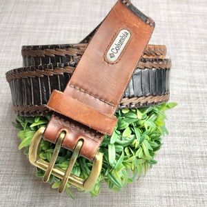 Columbia braided/ top stitched two tone leather and solid brass buckle belt